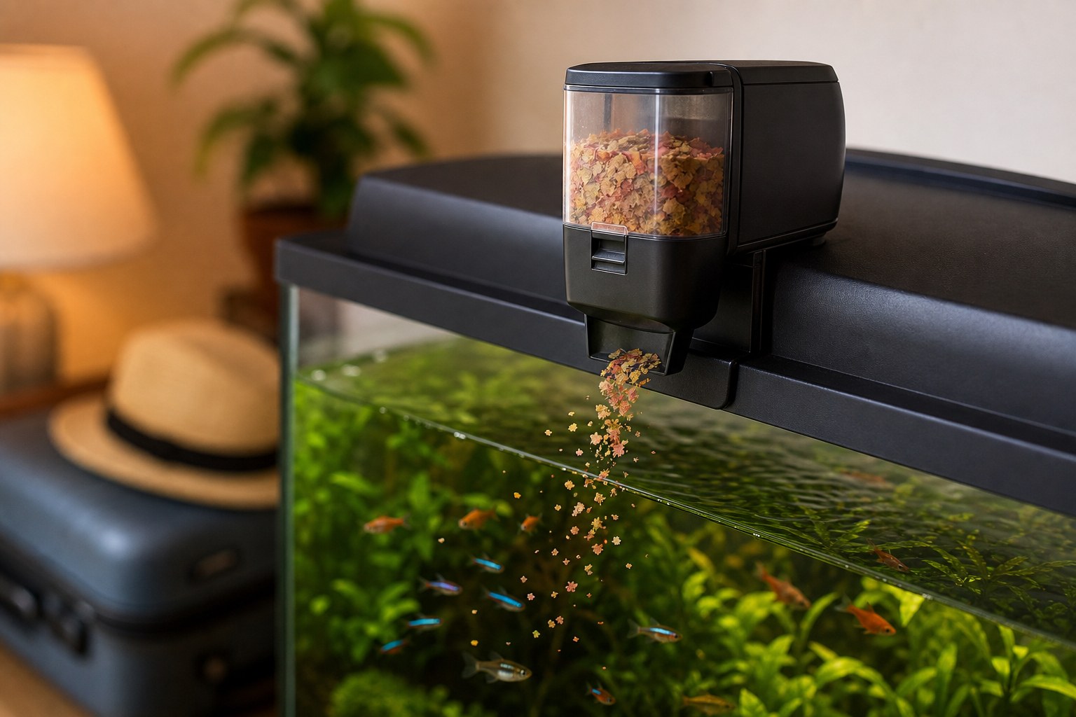 Automatic aquarium fish feeder mounted on a tropical tank lid