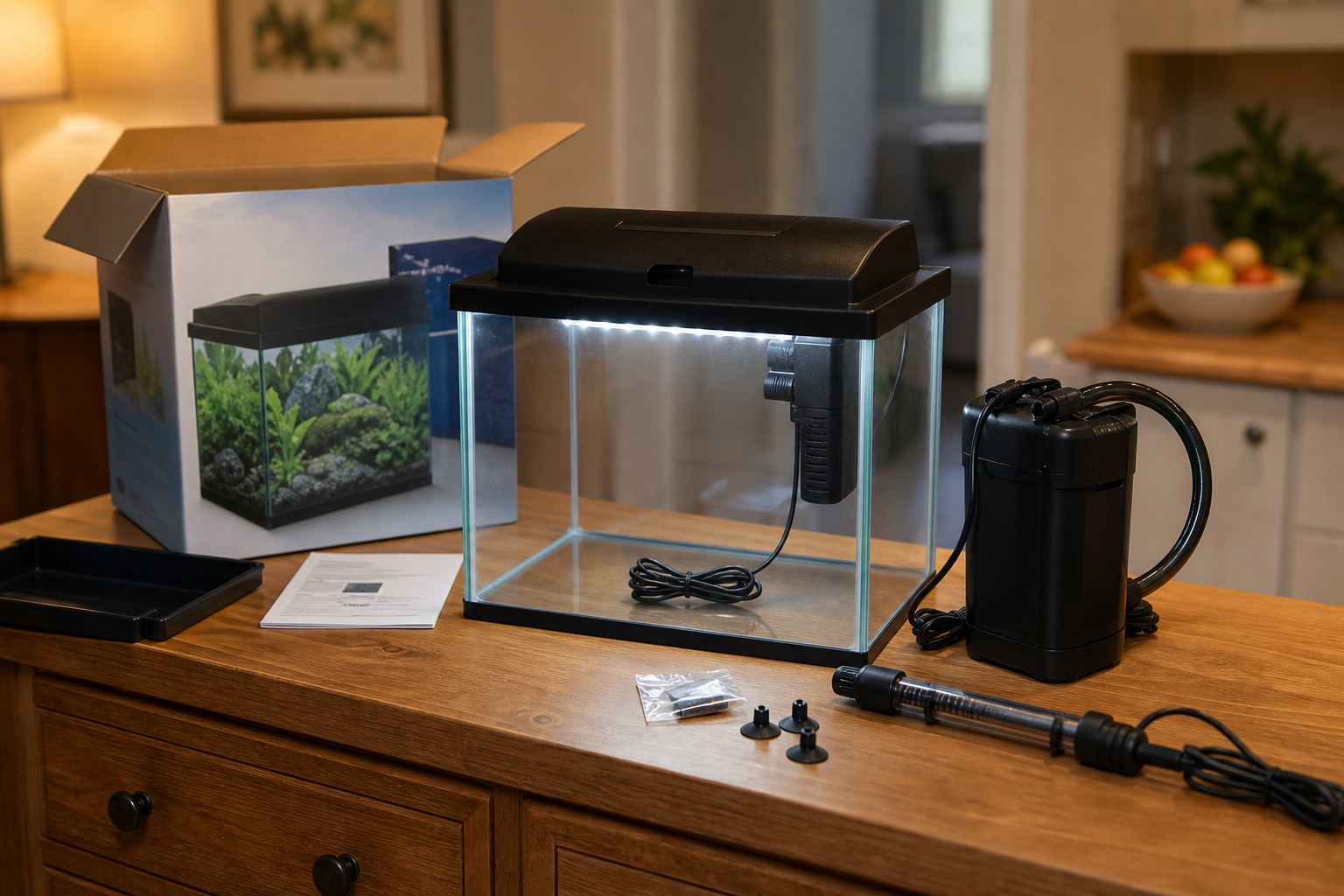 Common beginner aquarium equipment mistakes illustrated beside a starter tank