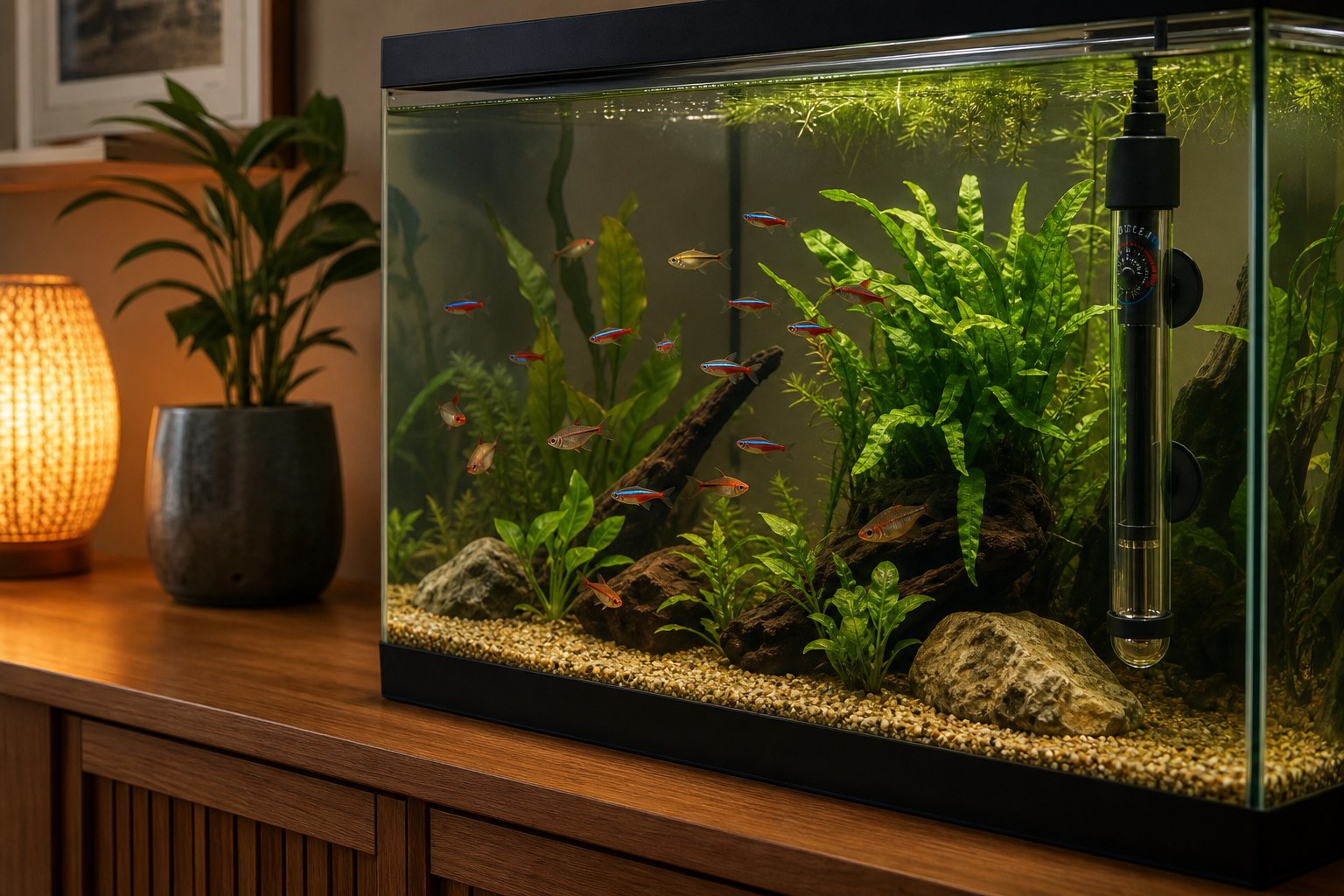 Aquarium heater wattage label beside tank volume calculation notes